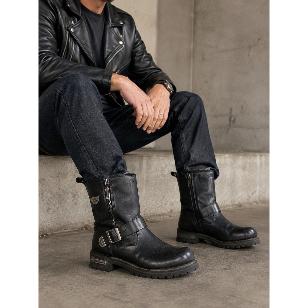 Milwaukee MB207 Men's 8.5 Black Leather Motorcycle Boots Biker Riding